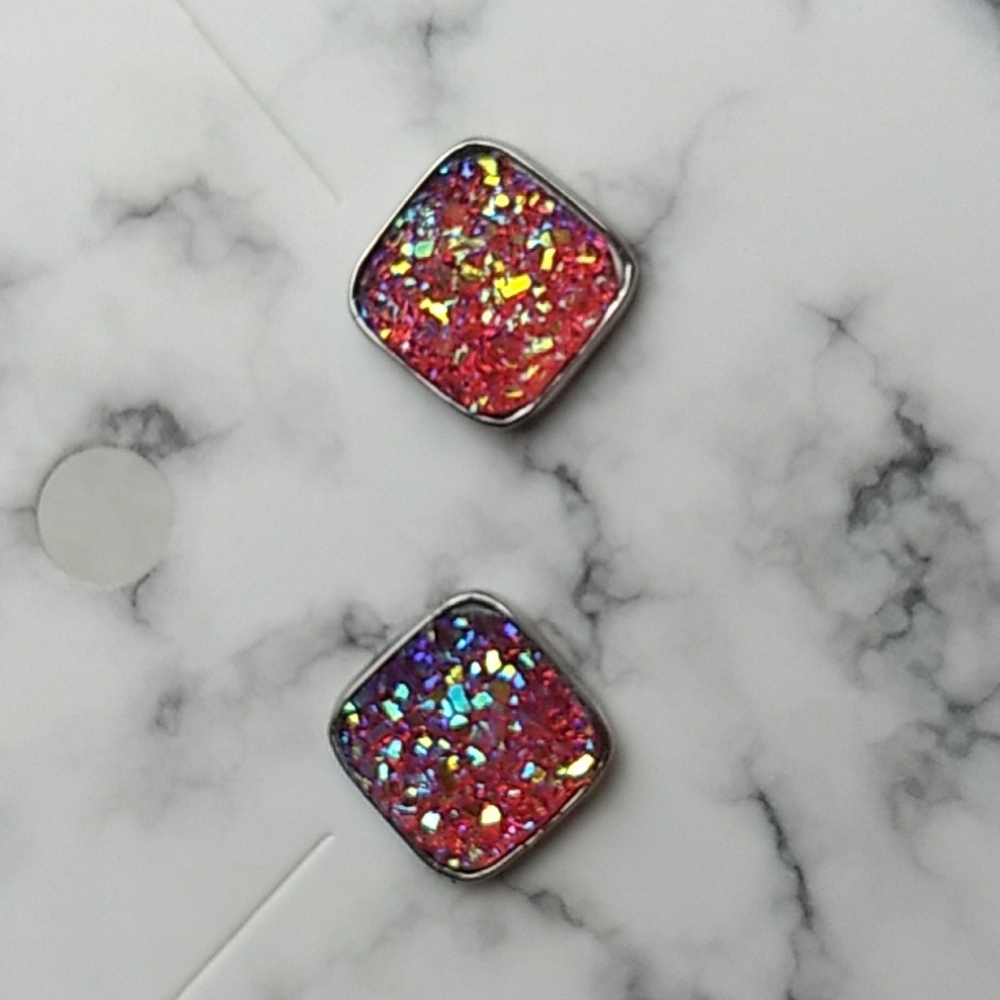 Stainless Steel Druzy Stud Earrings Square Shape Red w Silver & Gold (4)